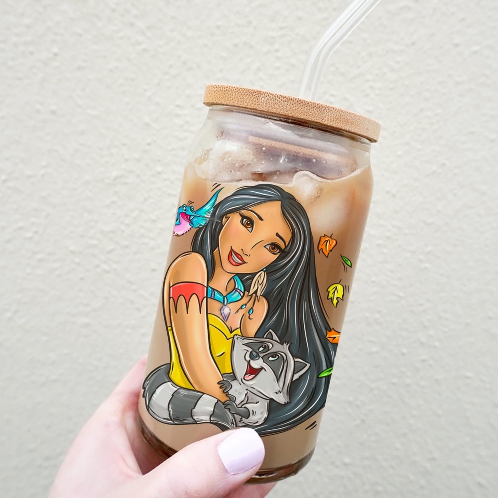 Disney Princess Pocahontas 16oz can glass with bamboo lid & straw
